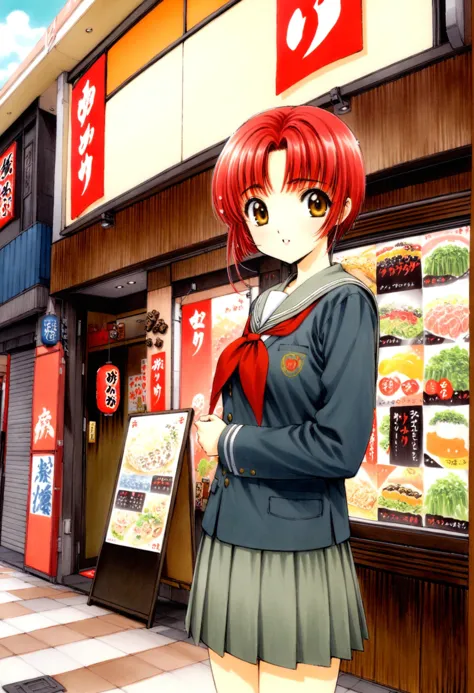 <lora:XL-ç»-é­å¡å°å¥³æ¨±M:0.8> ,traditional media,1girl, solo,red hair,short hair,school uniform, <lora:yukari_storefront_SDXL_V2:0.8>,yukari, scenery, storefront,shop,outdoors,cowboy shot, looking at viewer,, masterpiece, best quality,Highly detailed,<lora:flat_sdxl:-0.5>,<lora:add-detail-xl:0.25>, <lora:sdxl_offset_example_v10:0.5>, <lora:xl_more_art-full_v1:0.3>,