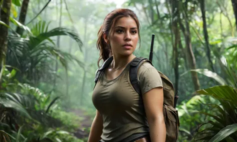 a woman walking in a jungle,  mole,  brown hair,  best quality, photorealistic, masterpiece, raw image, skin pores, detailed skin,  Latina, dramatic lighting, looking at the viewer, vibrant color,  luciagta6sdxl, full body,   <lora:luciagta6sdxl:1>, ponytail, tactical outfit, bulletproof vest, military outfit, boots, rifle, sweaty