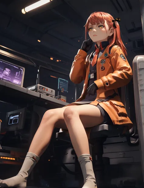 anime girl sitting on a chair in a room with a computer