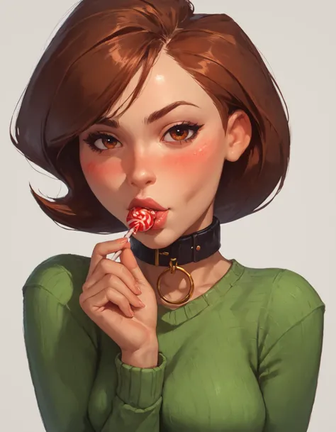 score_9, score_8_up, score_8, sexy 37 year old woman, Helen Parr, green sweater, side of face, side eye, face, top and bottom li...