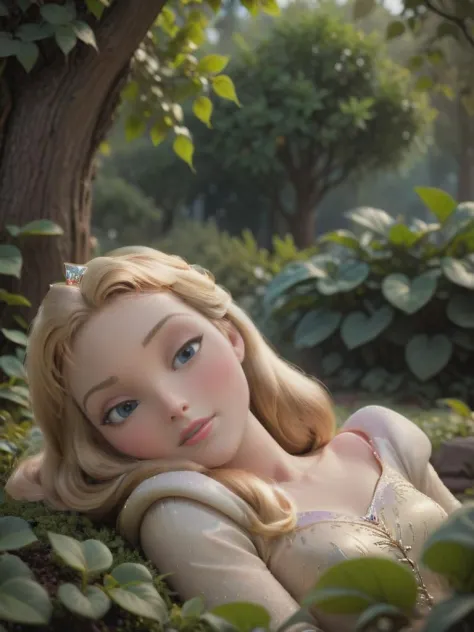 cinematic film still Princess Aurora sleeping in garden, <lora:add-detail-xl:1> <lora:princess_xl_v2:0.8>,   . shallow depth of field, vignette, highly detailed, high budget, bokeh, cinemascope, moody, epic, gorgeous, film grain, grainy