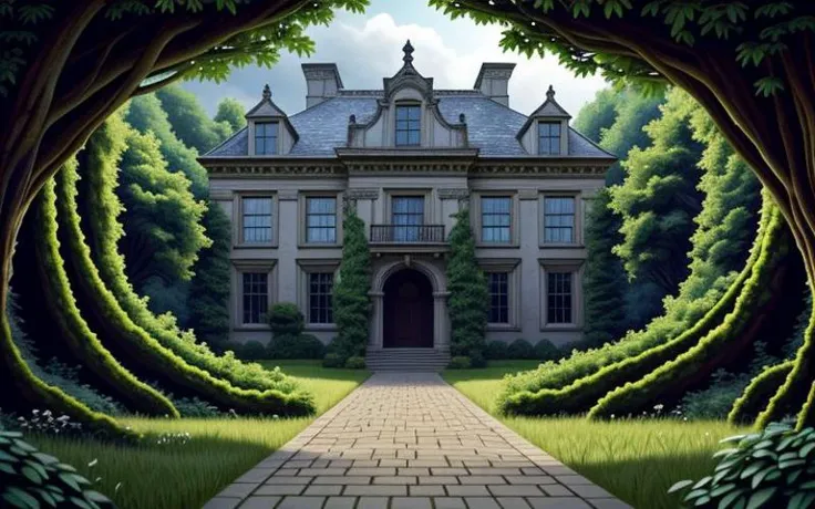 extremely detailed, incredibly absurdres, dramatic, dynamic shot, xd-scene, 
an overgrown country estate,