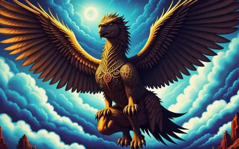 extremely detailed and colorful, incredibly absurdres, dramatic, dynamic shot, (xd-scene), thematic lighting, 
a griffin soaring...