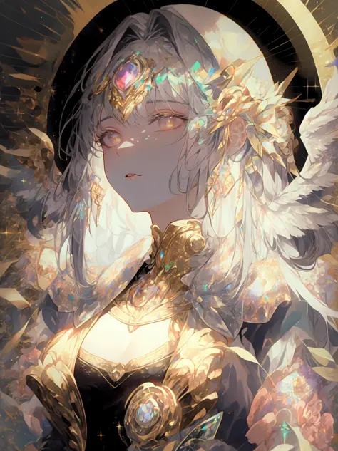 mature_female, YorForger, jewelry, looking at the viewer, hollow, abyss, church, catholic, angel,fairy,universe, glitter, holo, ...
