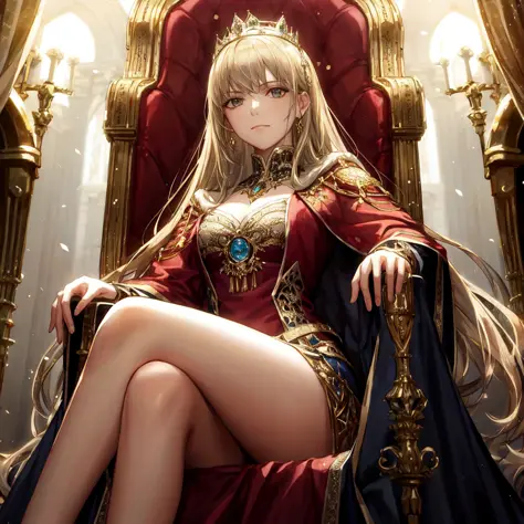 a stern looking queen wearing royal garments sitting on an iron throne, beautiful lighting, detailed