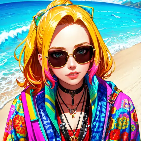 party on the beach, wearing sunglasses, radical, 90s style, colorful, psychedelic, out of control, tubular, groovy, surf rock st...