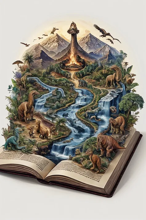 an open book with a picture of a dinosaur and other animals