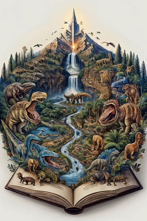 an open book with a picture of dinosaurs and other animals in it