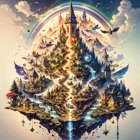 (((award winning photo of A gold goblin who walks over a rainbow in a fairy magical world surrounded by fairies and mythical cre...