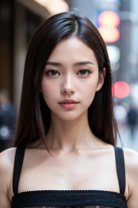 (masterpiece, best quality, hires, high resolution:1.2), (extremely detailed, intricate details, highres), (medium close-up:1.2) portrait on a (Tokyo street sunny background:1.2), (medium shot:1.2), (face focus:1.1), (soft focus:1.2), low lighting, (out of focus:1.2), bokeh, f1.4, 40mm, photorealistic, raw, 8k, ((textured skin:1.1, skin pores:0.3, realistic skin:1.1)), intricate details, 1girl,  (ultra sharp image), black hair, perma straight hair style, very beautiful girl,  