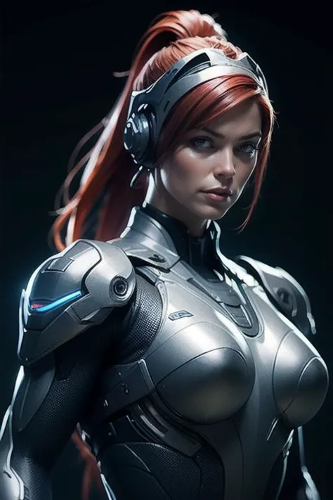 a woman in a futuristic suit with headphones on