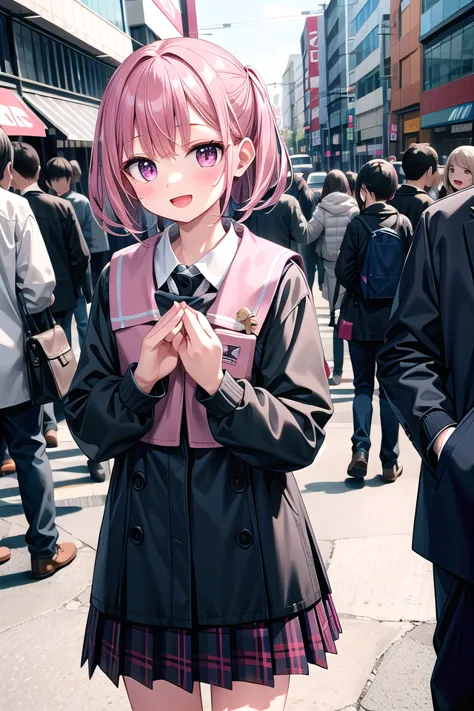 anime girl in a school uniform standing in a crowded street