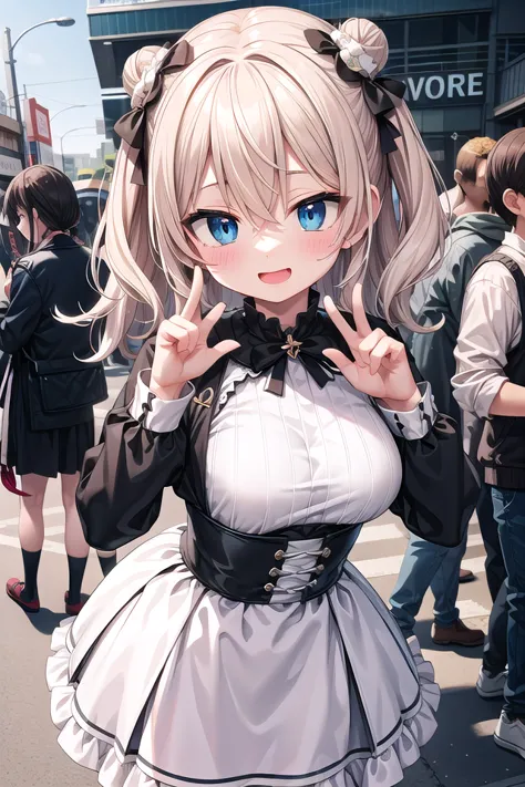 anime girl in maid outfit posing for picture in crowded street