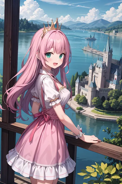 insanely detailed, absurdres, ultra-highres, ultra-detailed, best quality,
1 girl, solo, nice hands, perfect hands,
BREAK,
(wearing princess dress), teara,
happy smile, laugh, open mouth,
standing,
from side, cowboy shot, looking at viewer,
BREAK,
slender, kawaii, perfect symmetrical face, ultra cute girl, ultra cute face, ultra detailed eyes, ultra detailed hair, ultra cute, ultra beautiful,
BREAK,
fantasy world, (castle in background, lake:1.3), (very wide, panorama view, sense of depth, magnificent view:1.3)
BREAK,
princess girl, pink hair, green eyes, medium breasts