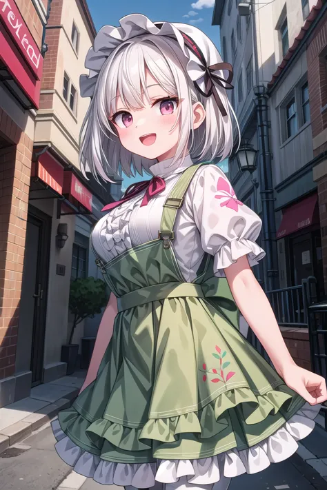 anime girl in green dress walking down a street in a city