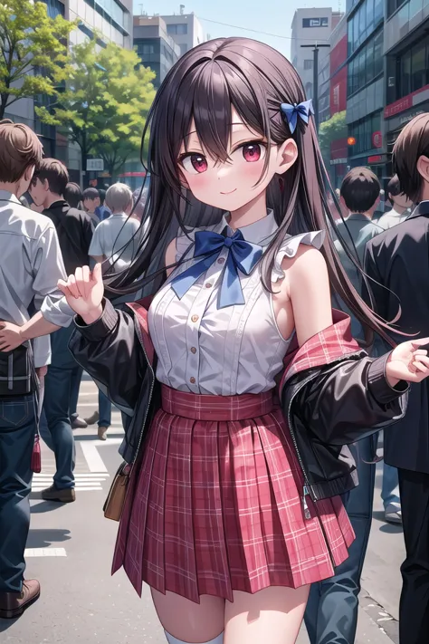 anime girl in a school uniform posing for a picture in a crowded street