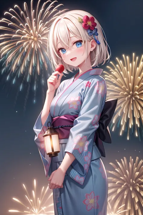 anime girl with a lantern and fireworks in the background