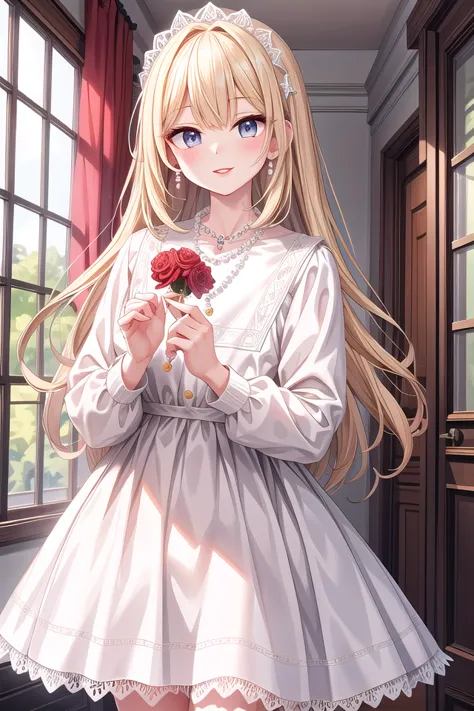 anime girl in a white dress holding a red rose