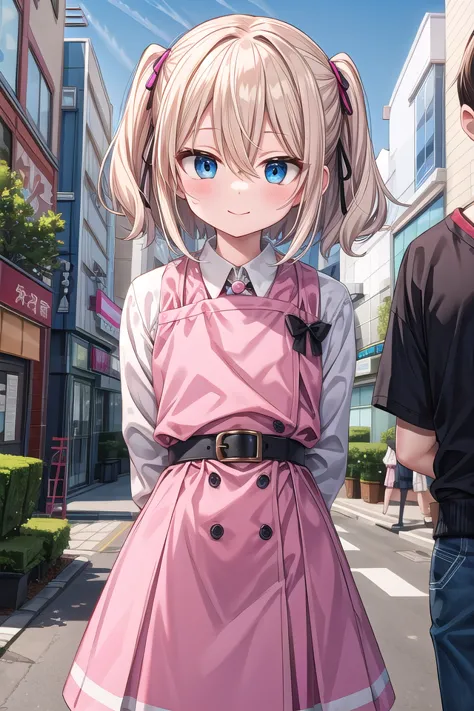 anime girl in pink dress standing on street with man in background