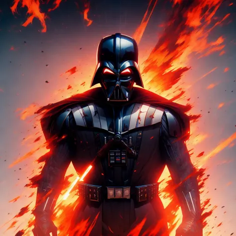 dart vader in a dark suit with flames coming out of his chest