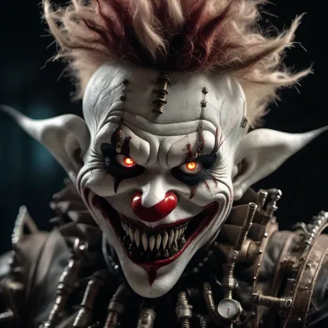 horror clown, portrait, steampunk, grinning with (((long pointy sharp scary fangs))), glowing eyes. wild hair and (transparent s...