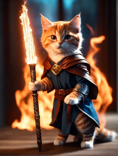((photo:1.2)), A cute cat mage, glowing fire sword, staff, dramatic lighting, dynamic pose, dynamic camera,masterpiece, best qua...
