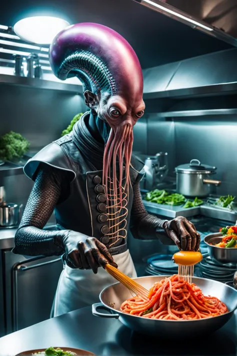photo of a strange non-humanoid alien chef with tentacles cooking strange alien food in a futuristic alien kitchen