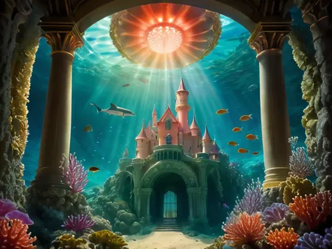 Generate a fantasy scene of a castle under the sea. ((The castle is made of coral and crystal)), and it is covered in sea plants...