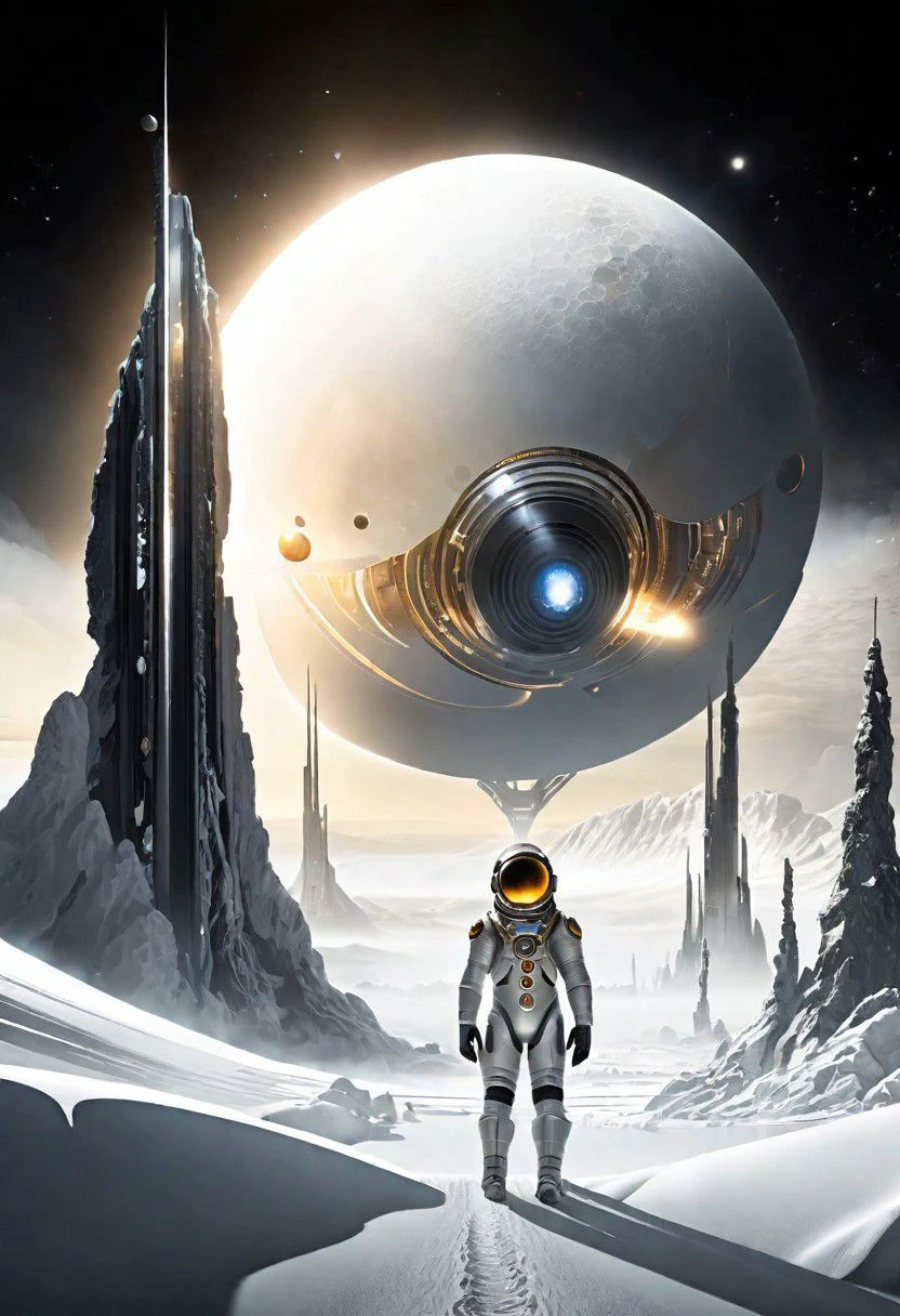 Визуализируйте поворотный момент на Титане, Луна Сатурна, действие происходит в 2184 году, где Элара, молодой инженер в передовой космической инженерной одежде, обнаруживает на ледяной поверхности загадочный инопланетный артефакт. Действие разворачивается в футуристической колонии среди высоких построек, устойчивых к сильному холоду., под огромным пространством космоса с видимыми в небе кольцами Сатурна. Артефакт, испуская мягкий, пульсирующее свечение, намекает на древние инопланетные технологии. Это черно-белое изображение отражает сочетание человеческих инноваций., тайна космоса, и на пороге революционного открытия.