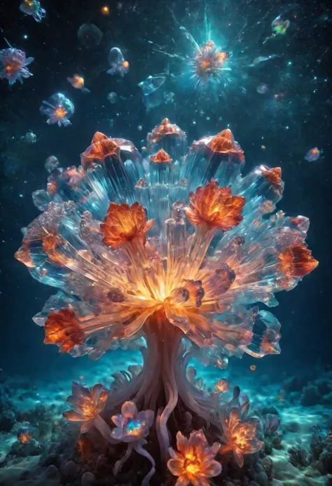 a tree with many flowers and bubbles floating in the air