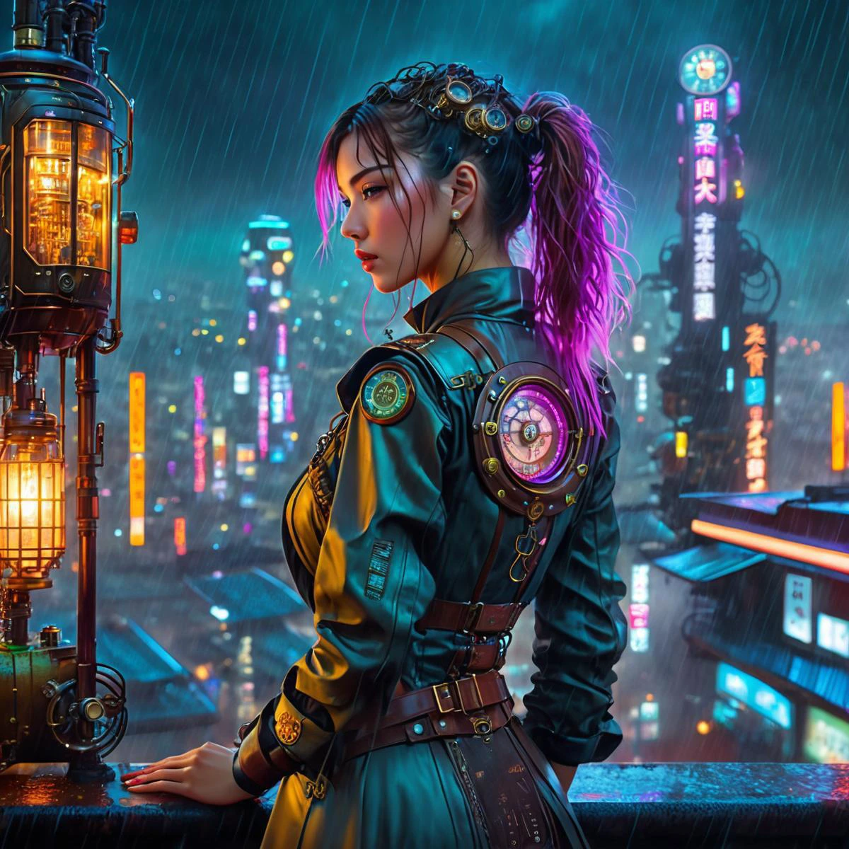 女士, 蒸汽朋克, 20岁,  令人惊叹的细节, 杰作 , 最好的质量, 赛博朋克, in heavy raining futuristic tokyo rooftop 赛博朋克 night, 科幻, 幻想, 错综复杂, 非常非常漂亮, 优雅的, 霓虹灯, 非常详细, 数字绘画, 艺术站, 概念艺术, 柔光, 人类发展指数, 光滑的, 清晰聚焦, 插图