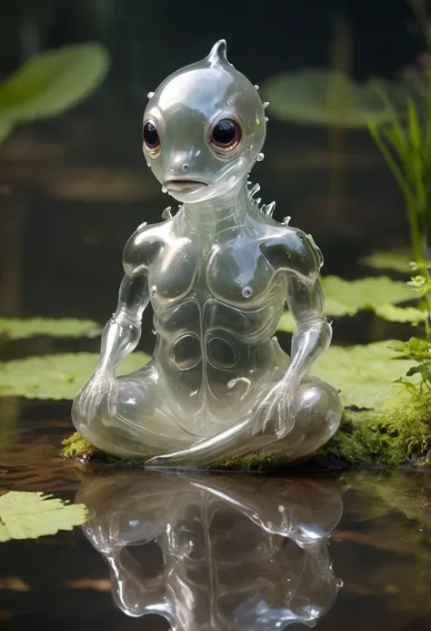 cute transparent creature,
shiny, glosy,
sitting in a pond