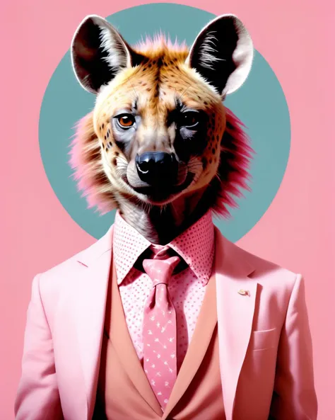 a painting of a hyena dressed in a suit and tie with polka dots on it's shirt and collar, with a pink background , photoshop contest winner, Sentient generative art installations in the style of Jenny Sabin, immersive, textile-driven, AI's architectural textiles., Filip Hodas, edward hopper and james gilleard, a matte painting, american scene painting , Interwoven Realities: Todd Solondz's influence adds depth to an ornate tableau, with Angela Deane's patterns merging seamlessly with Martine Johanna's highly detailed characters.