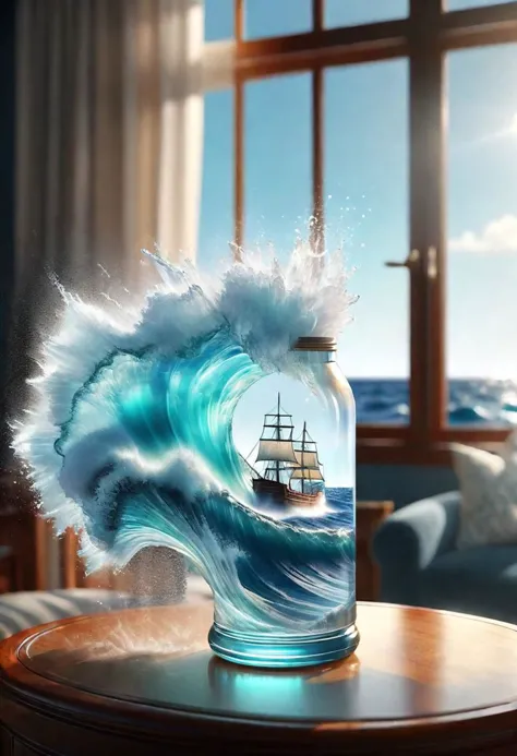 there is a glass jar with a ship inside of it