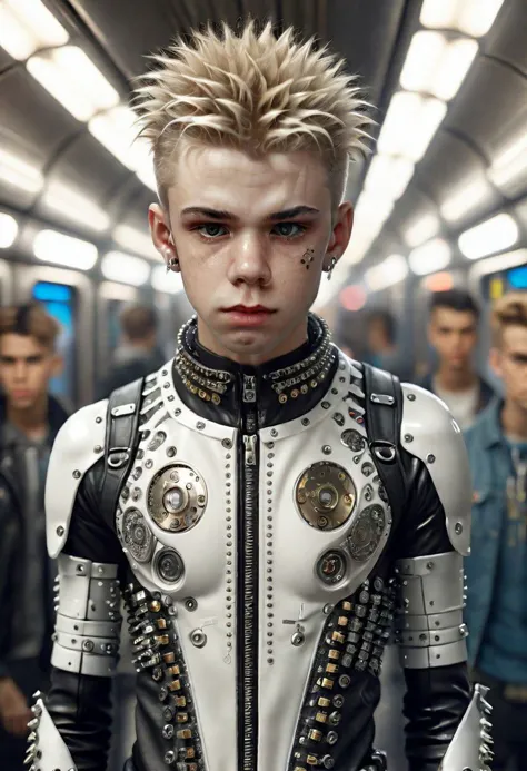 cinematic photo long shot portrait of a (White) young punk man in New York  in 2077s (with young man inside) with punk clothes on a metro ,high details,era 2077s subsurface scattering,hyper realistic,concept art,illustration,extremely detailed,extremely intricate,extremely sharp lines,sharp focus,fascinating,4k,8k,smooth,masterpiece,award-winning,full body shot,. 35mm photograph,film,bokeh,professional,4k,highly detailed, (( Curi )) (hiperealist:1) (18 years old:1), ( realistic Hair)