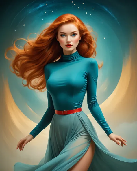 a woman with long red hair and a blue dress is standing in front of a moon