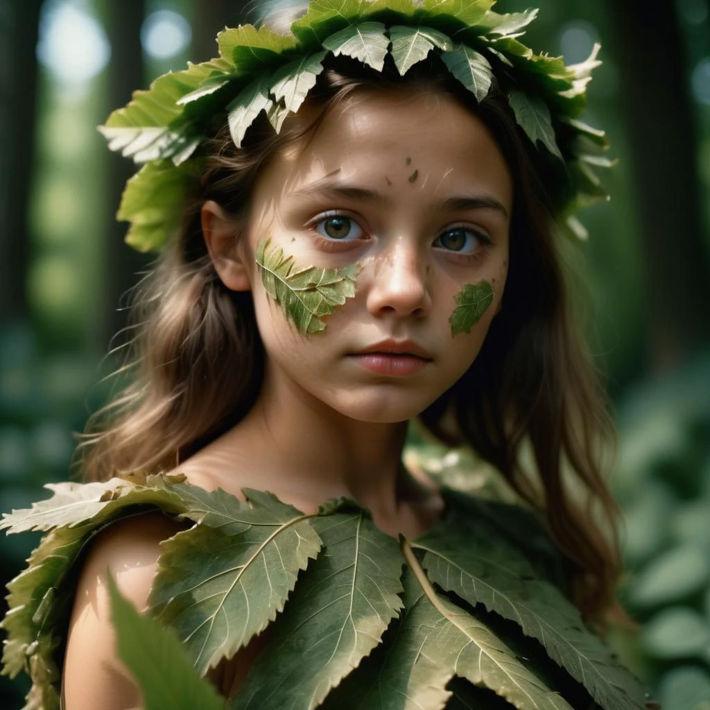 Foto eines Mädchens mit einem Blätterkleid, RAW-ungestelltes Kino, 16mm, Farbgradienten-Portra 400-Film, bemerkenswerte Farbe, ultra-realistisch, strukturierte Haut, bemerkenswert detaillierte Pupillen, realistisches, stumpfes Hautgeräusch, sichtbares Hautdetail, Hautflaum, trockene Haut, mit Filmkamera aufgenommen