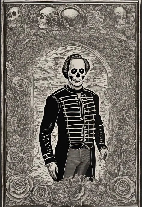 a black and white drawing of a skeleton in a military uniform