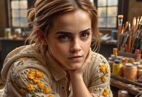 emma watson, detailed, painting, realistic, 4k hq, hdr perfect composition, beautiful detailed intricate insanely detailed octan...