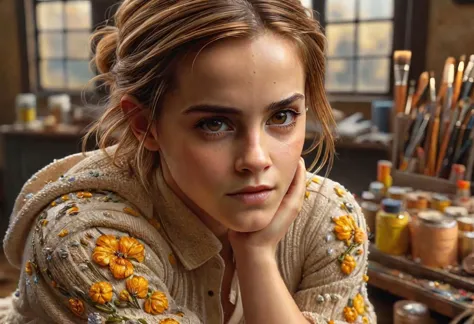 a close up of a woman sitting in front of a table with paint brushes