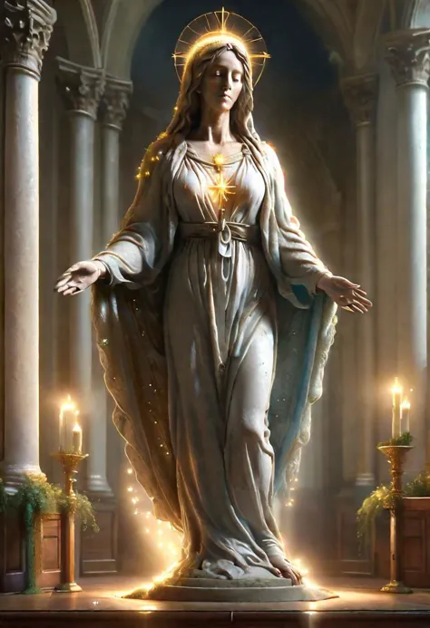 full body of virgin mary in a church with a holy light emanating from her body by wlop and greg rutkowski, in digital art illust...
