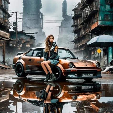 awardwinning photograph, a cyberpunk sports car, postapocalyptic city, reflecting puddles, dystopic, best quality, rusty metal, shiny metal, a young_woman_dystopian_clothing sitting on the hood, mini skirt,  amazing details, masterpiece