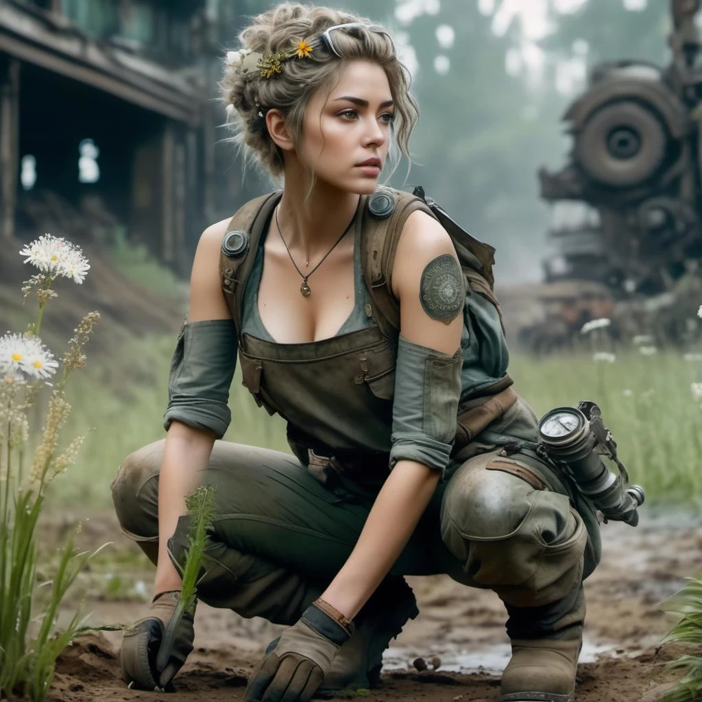 (Highest Quality, 4k, masterpiece, Amazing Details:1.1), kneeling, (forrest|fantasy), ((((post apocalyptic mechanic woman)))), thin eyebrows, wavy short hair with flower hair ornament, ((aquarell:1.2)), (full body)