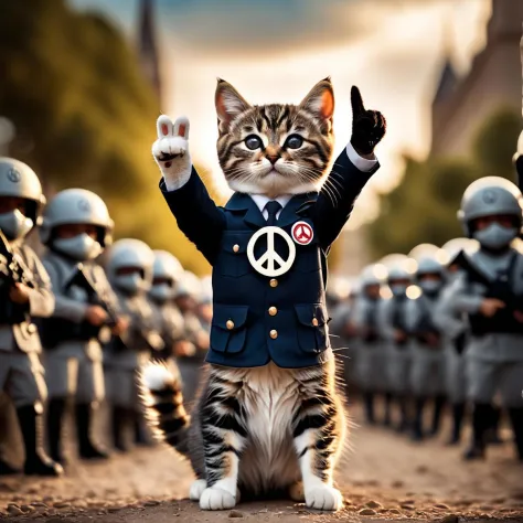 cinematic film still a cat rally, protesting against war, holding a peace sign . shallow depth of field, vignette, highly detail...