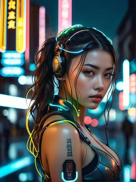 cyberpunk girl, glowing wires, dark city, reflective puddles, neon signs,, Photorealistic, Hyperrealistic, Hyperdetailed, analog style, soft lighting, subsurface scattering, realistic, heavy shadow, masterpiece, best quality, ultra realistic, 8k, golden ra...