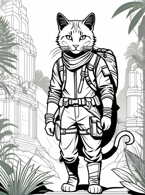 line art drawing a cat, (adventurer outfit), lush_jungle, epic ruins, amazing details, amazing quality, masterpiece, . professional, sleek, modern, minimalist, graphic, line art, vector graphics