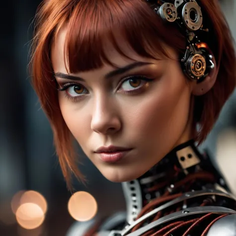 cinematic film still, young woman, cyborg, robot, ((face portrait:1.4)), 18 years old, metal parts, red short hair, rust, amazing details dark atmosphere, shallow depth of field, vignette, highly detailed, high budget, bokeh, cinemascope, moody, epic, gorgeous, film grain, grainy