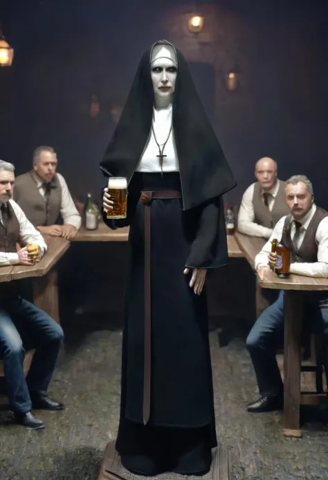 a photo of <lora:valak:1> valak - at a singles bar, holding a beer, lots of men around, checking out the single men, none of them look too good, mostly overweight middle aged divorcees, disappointed expression, high resolution, beautiful, highest quality, ...