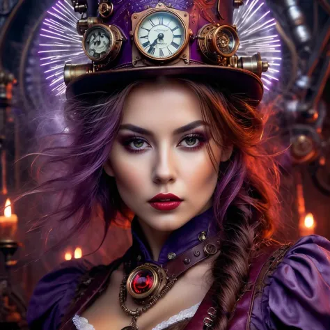 Long exposure photo of woman, steampunk, 20 years old,  amazing details, masterpiece , best quality, dark  themed background. very dark and scary horror vibes. hyper intricate details. purple, red, white colors. hyperrealistic artwork style. scary horror m...