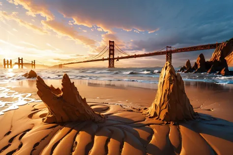 master piece, high quality, Golden gate bridge made of sand, on the beach <lora:J_shadiao:0.8>,